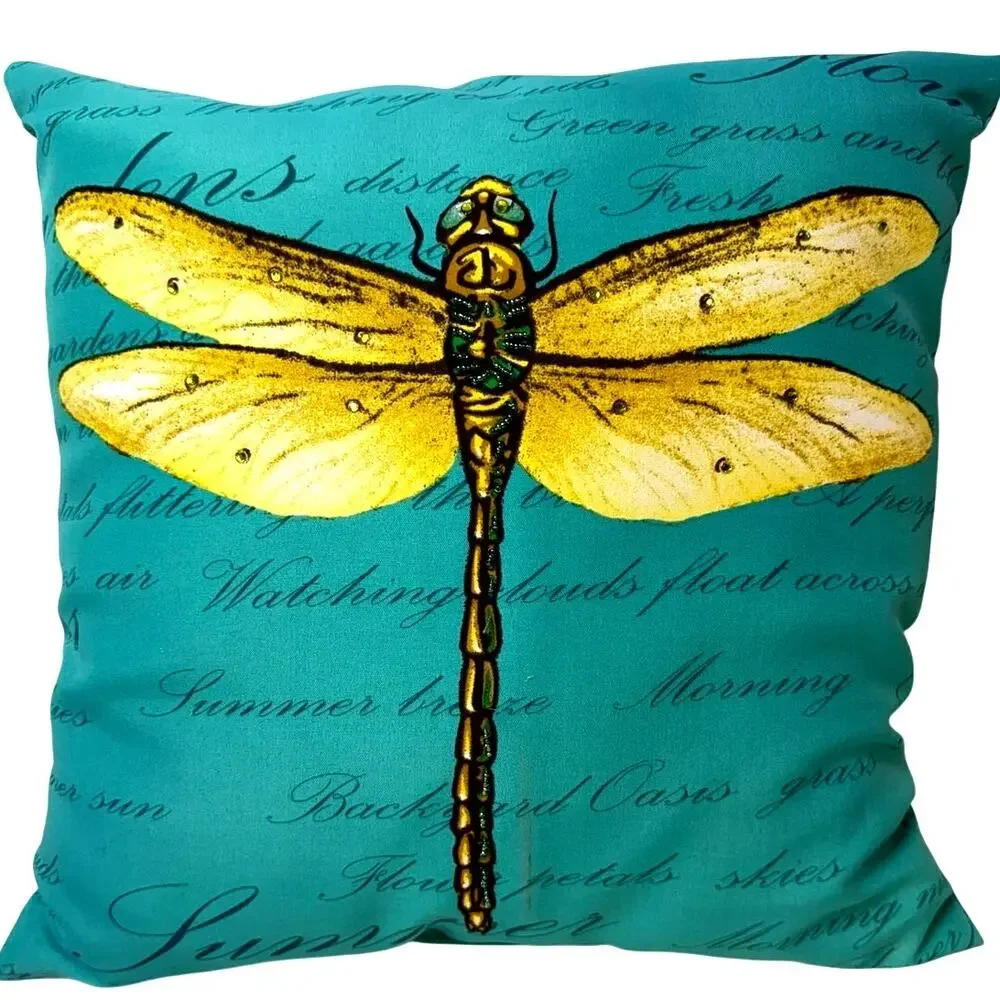 Dragonfly Decorative Throw Pillow 16x16 Teal Yellow Embellished Beaded Jeweled